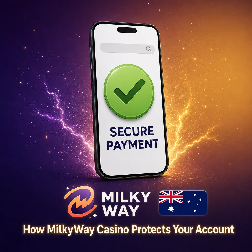 Diagram showing MilkyWay Casino's account security features, including SSL encryption, 2FA, biometric login, and identity checks.