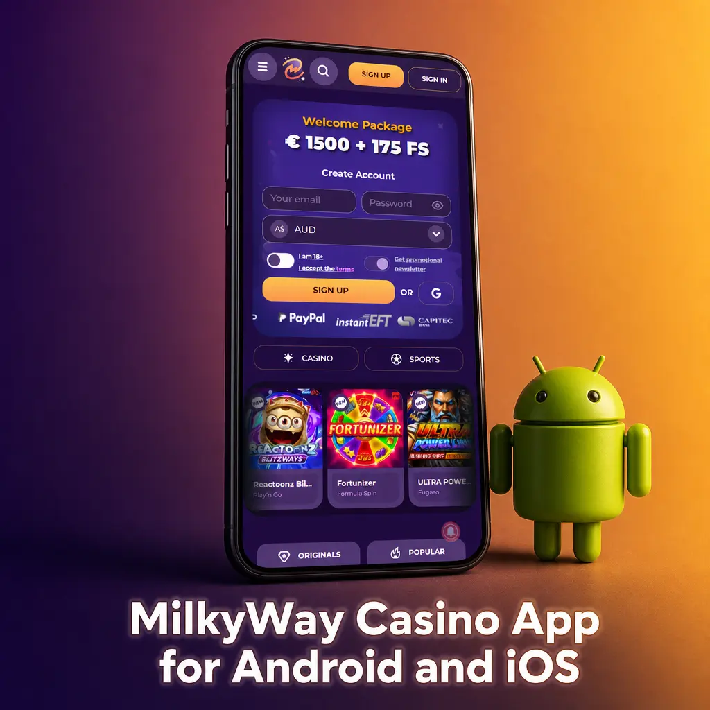 MilkyWay Casino app on Android and iOS devices showing slots, live dealer games and sportsbook access