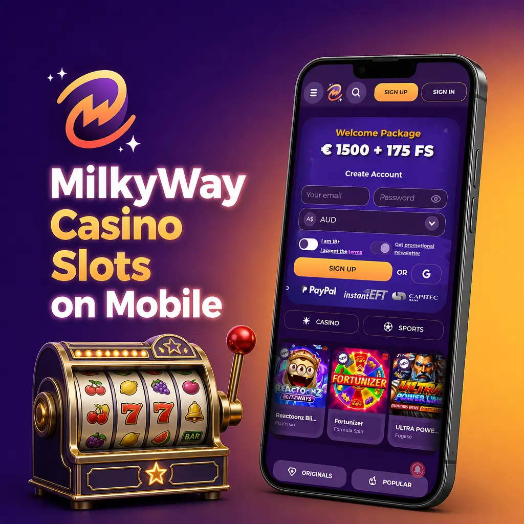 MilkyWay Casino mobile app showing pokie slots lobby with search bar and category filters on phone screen